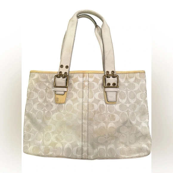 COACH 2181 Limited Ed. Metallic Silver Slim Tote Canvas Bag Yellow Patent Trim - Picture 2 of 7